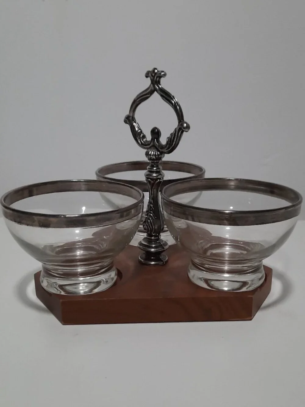 Vintage MCM 3 Bowl Silverplate Rim Glass Condiment Relish Caddy Wood Base